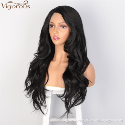 Vigorous Lace Frontal Long Body Wavy Synthetic Wigs For Women Side Part Black Heat Resistant Fiber Wholesale Price